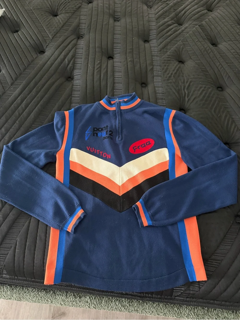Louis Vuitton Blue Zip-Up Chevron Sweater with Orange & White Accents